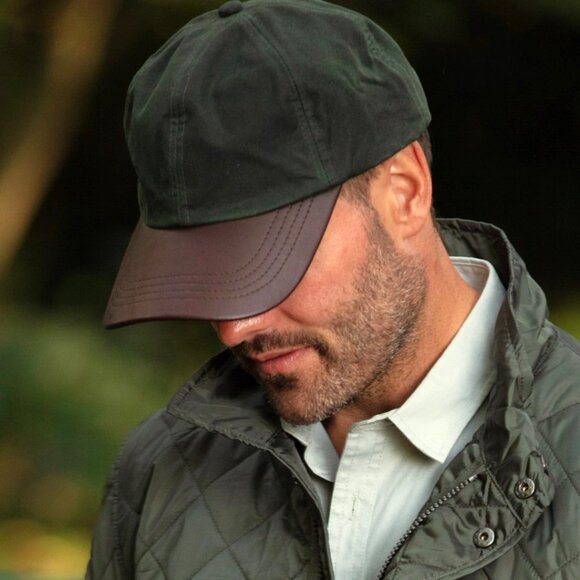 New Waxed Cotton Leather Bill Baseball Cap Hat Olive (Made in England) - Picture 1 of 7